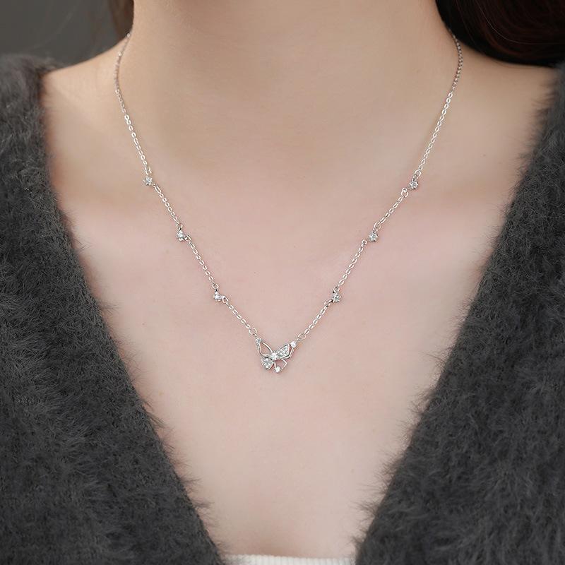 S999 Pure Silver Small Fresh Hollow Butterfly Necklace Sweet Literary Hundred Pagoda Temperament Sweet Collarbone Chain