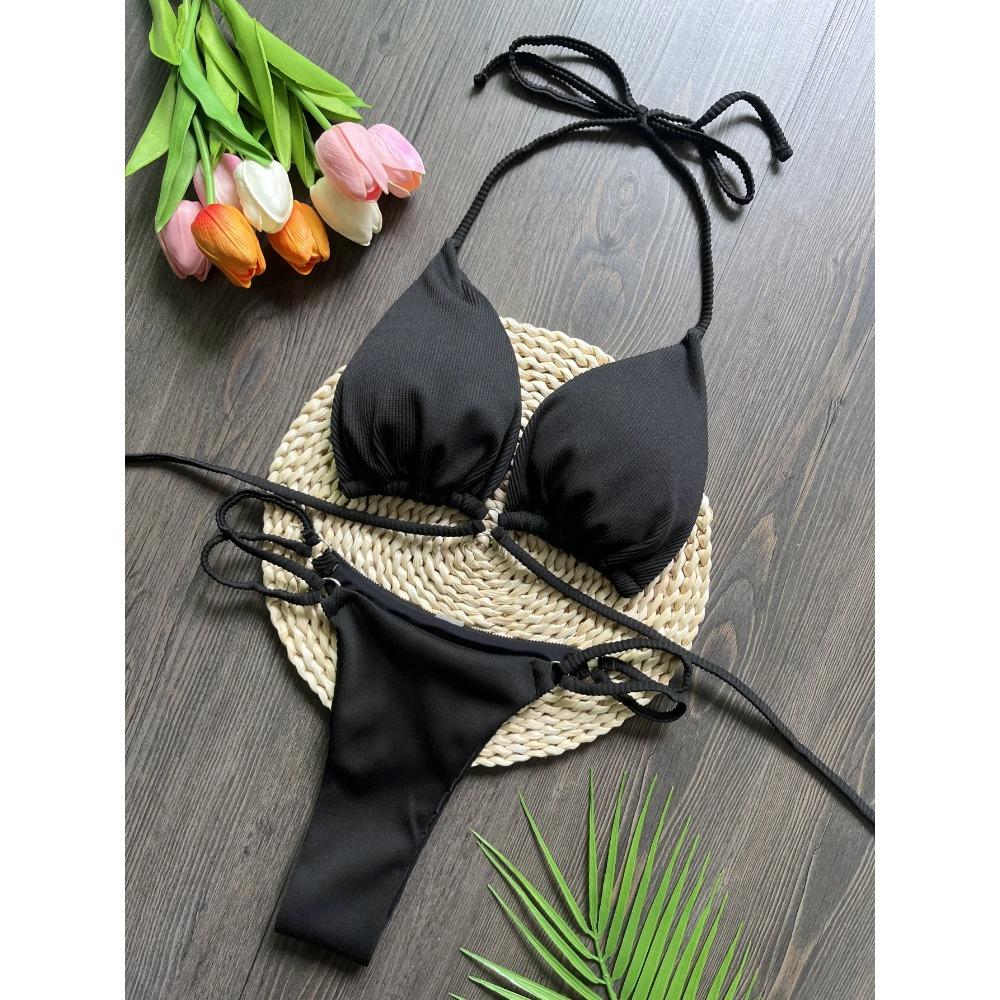 Bandage Swimsuit Women Sexy Bikini Ribbed Swimwear Triangle Bikini Set Two Piece Suit Beachwear Micro Thong Biquini