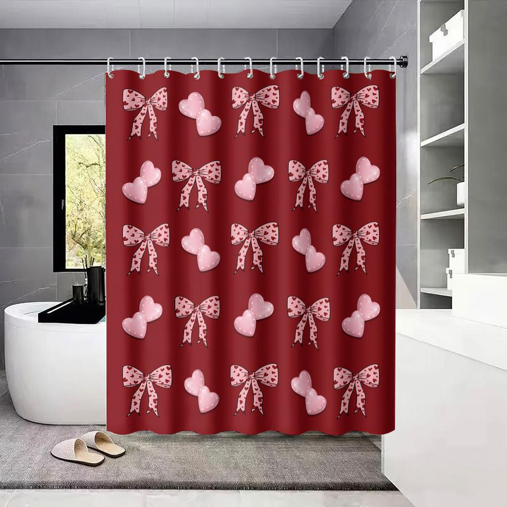 4pcs Valentine's Day Romantic Red Bow Printed Bathroom Set Waterproof Shower Curtain Floor Mat Toilet Mat U-Shaped Mat