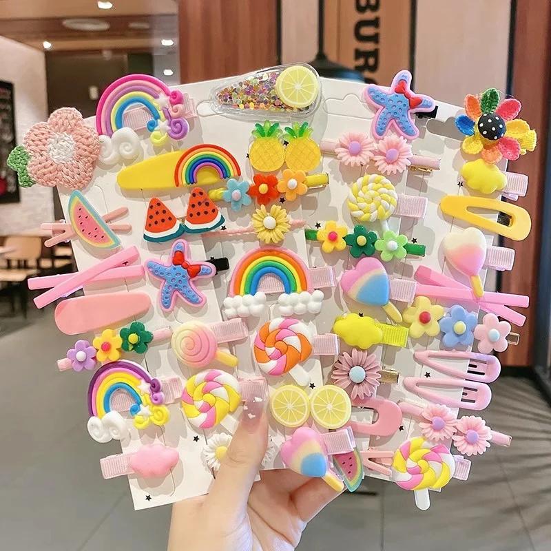14pcs/set Girls Sweet Hair Clip Rainbow FruitLovely Hair Accessories Headwear Hairpins Cute Cartoon Hair Bands  Headdress Barrettes