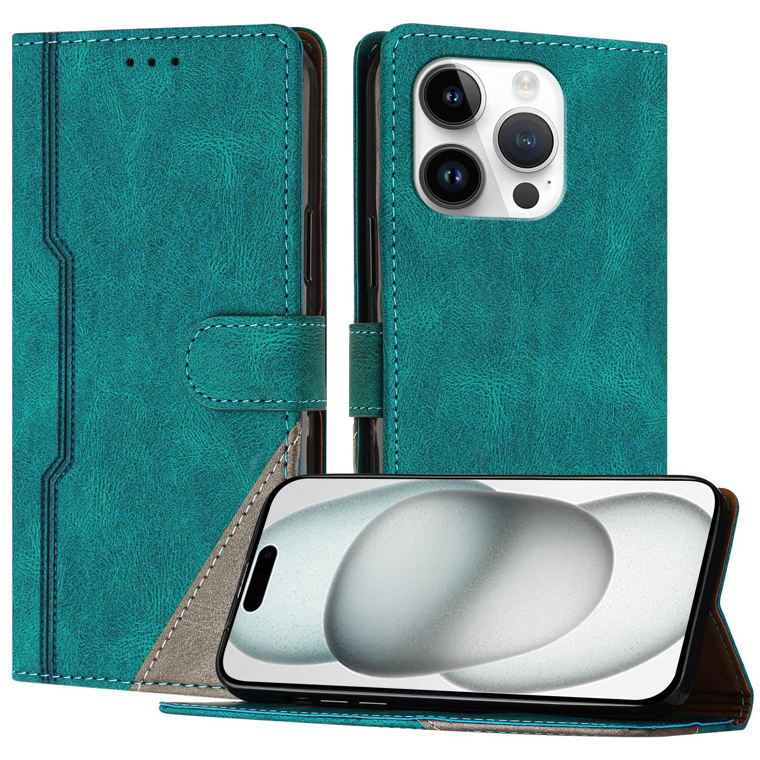 

For iPhone 15 Pro Leather Case Triangle Patchwork Wallet Stand Shockproof Phone Cover Green