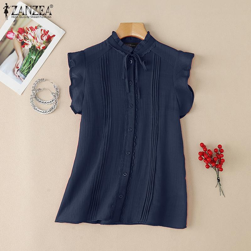 ZANZEA Summer Women Ruffled Sleeveless Lace Hem Frills Casual Tank Tops