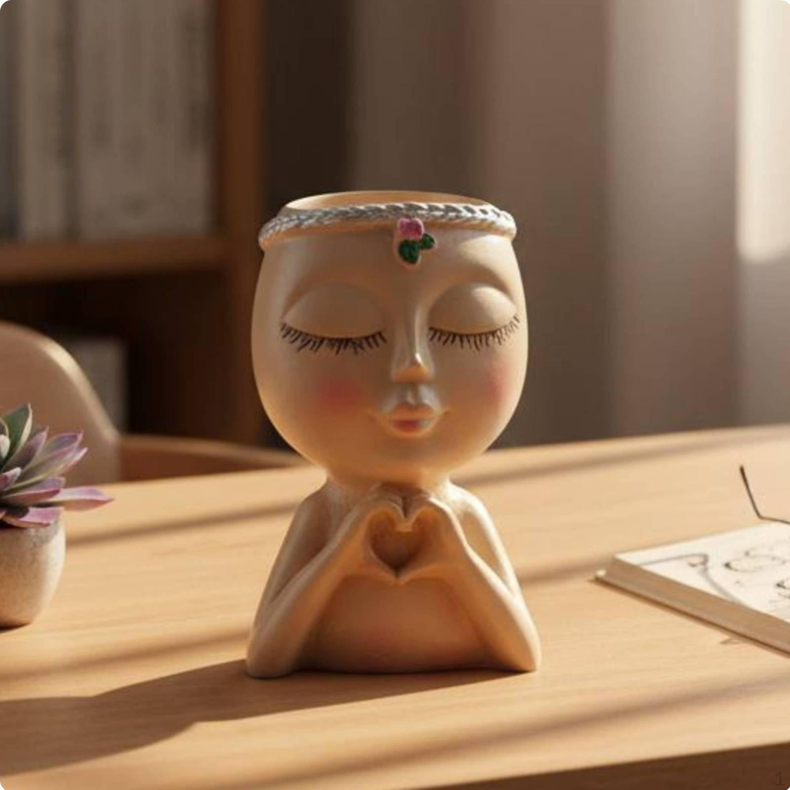 Decorative Face Planter Girl Figurine Pen Holder MultiFunctional HeartShaped Hand Sign Statue