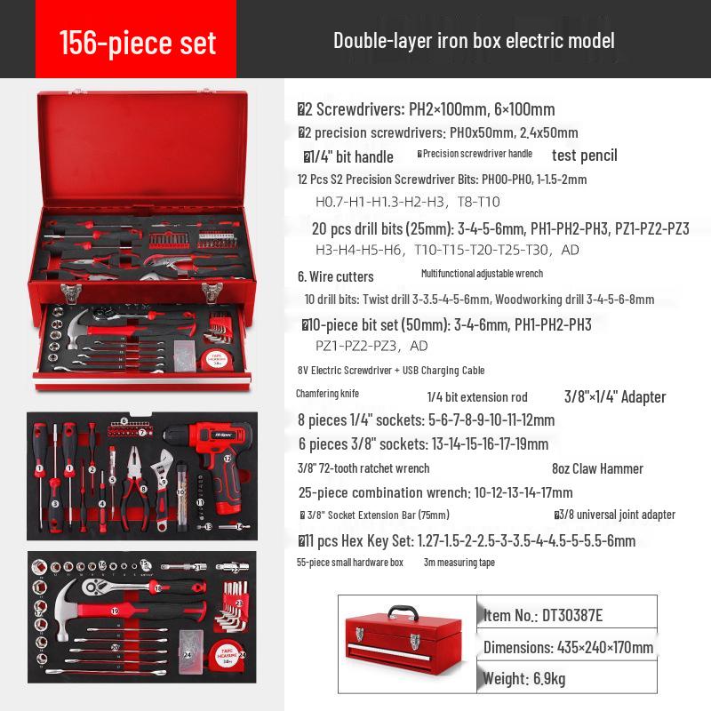 Three-Layer Multi-Functional Tool Set with Electric Drill for Home Renovation