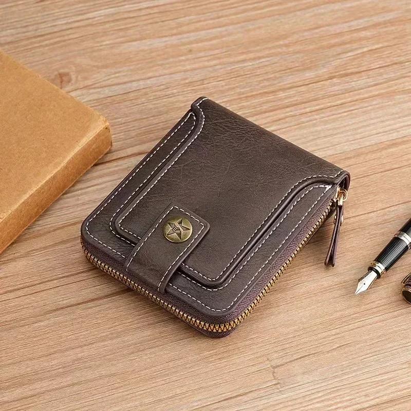 Vintage Men's Wallet PU Leather Short Purse Men Hasp Zipper Clutch Solid Color Wallets High Quality Durable Convenient Wallets