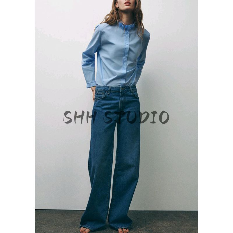 Spring New Women's Clothing Asymmetric Circular Lower Hem Long Sleeves Laminated Decoration Cotton Shirt 4786060