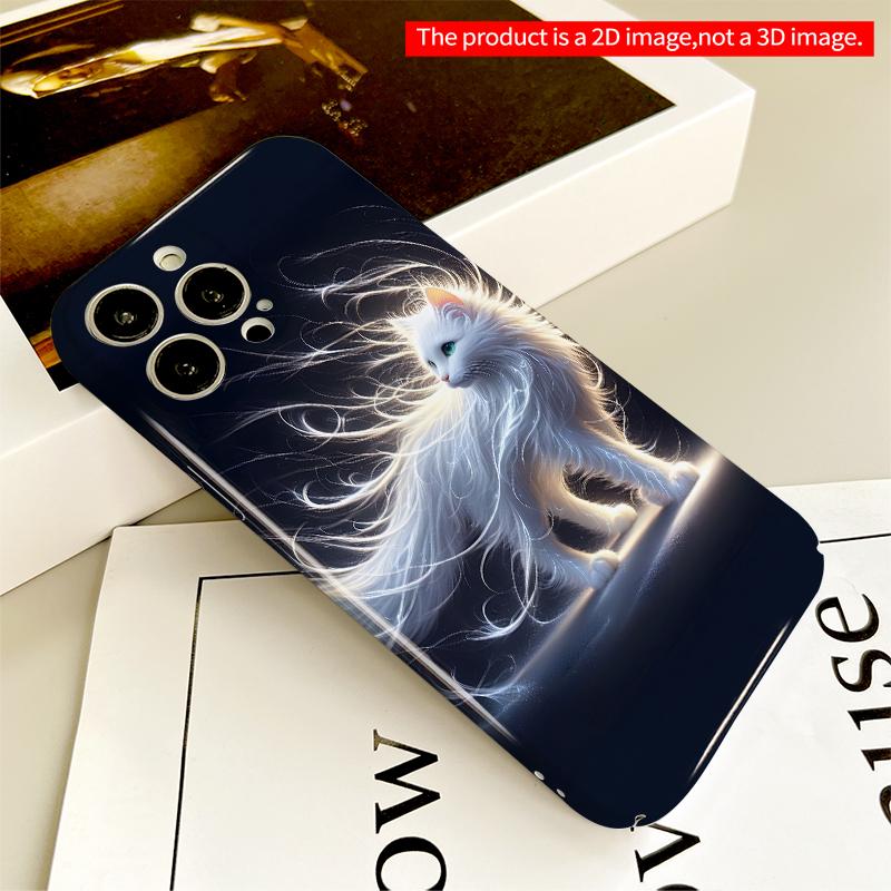2DFlat Luminous White Cat In Cosmic Wind All Inclusive Film Hard iPhone Case, Compatible with iPhone 18 Pro Max 17 16 15 14 13 12 11