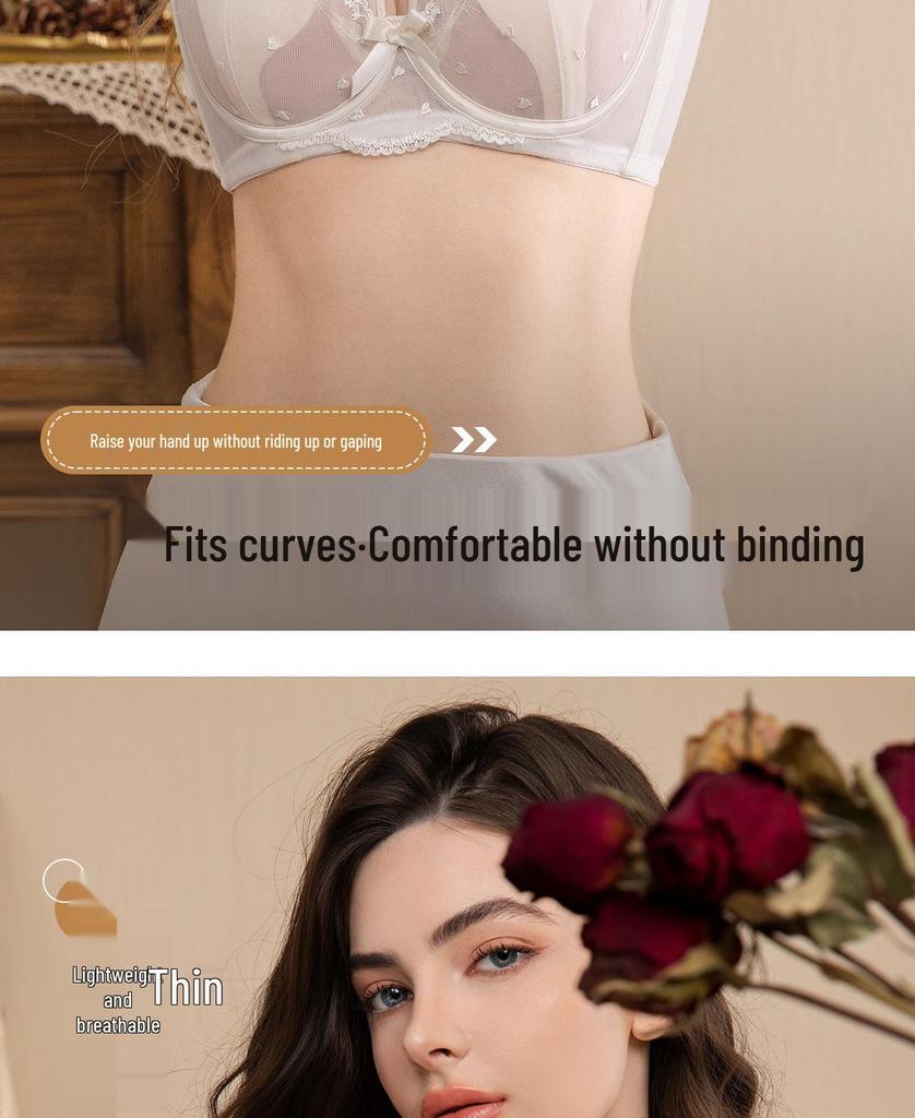 French Style Ultra-Thin Breathable Large Bust Minimizing Push-Up Bra with Soft Underwire and Rabbit Ear Crystal Cup