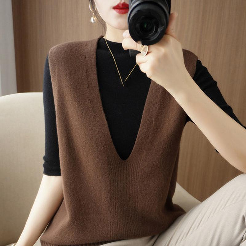Spring Summer Knitted Vest Women's V Neck Sleeveless Pullover Fashion Loose Thin Wear Autumn Winter