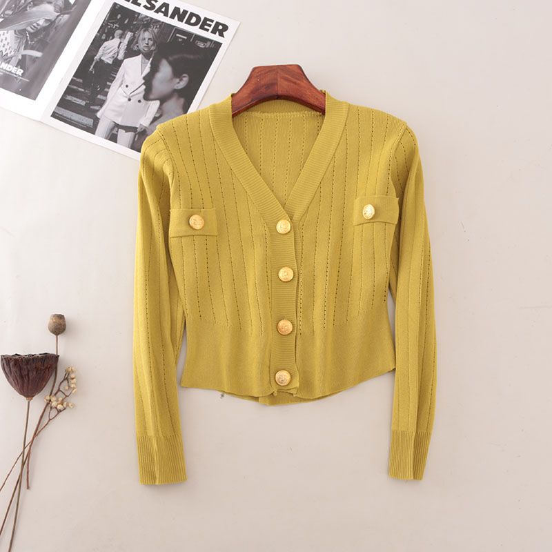 Classic Style V-neck Single Breasted Knitting Cardigan Summer Long-Sleeve Outer Match Short Silm Slim Looking Outer Tops
