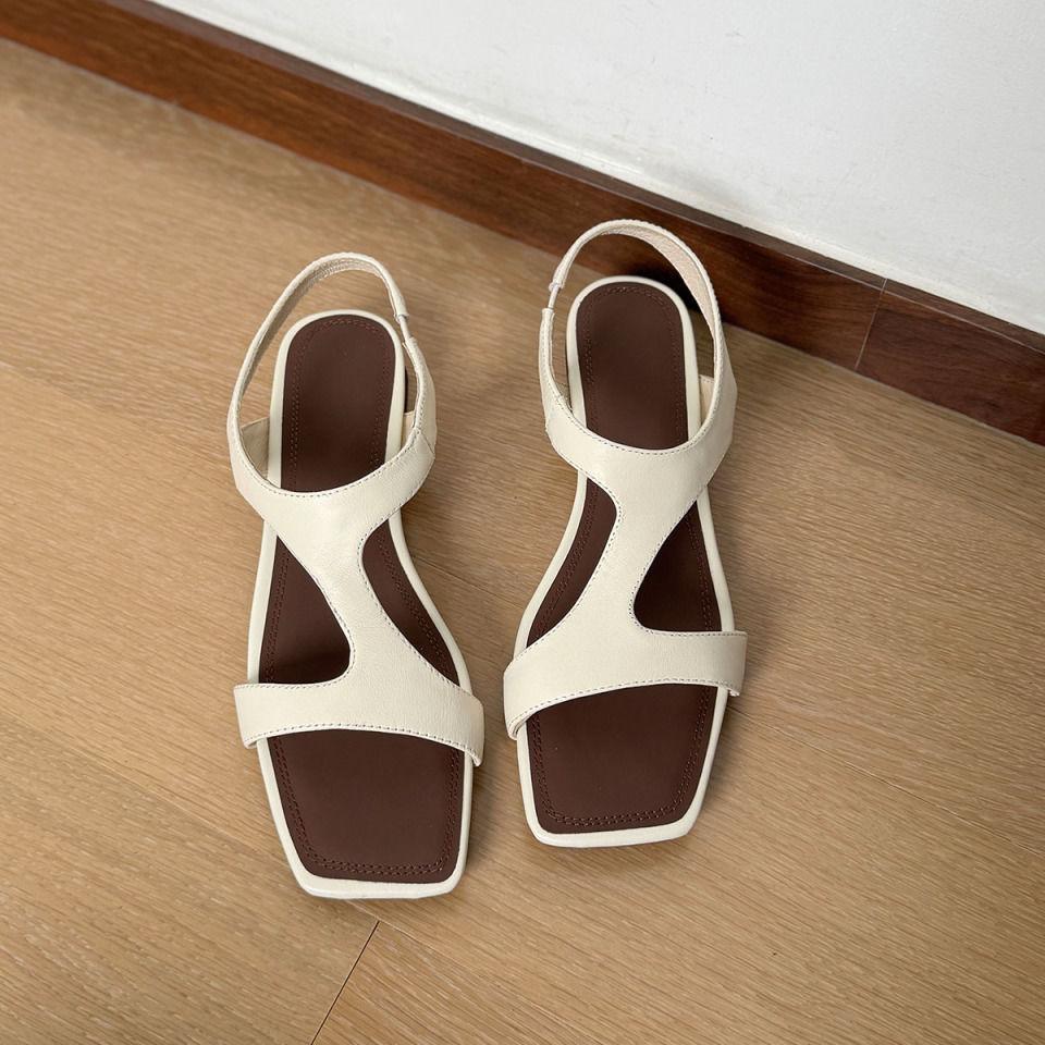 2025 Summer New Roman Style Simple Word with Sandals Women's Xia Ping Low Heel Open Toe Square Head Women's Shoes White