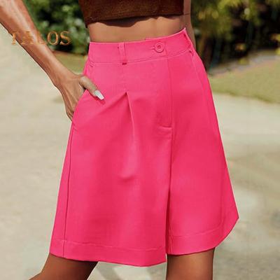 Pantaloni scurți de vară pentru femei, elastici, talie înaltă, buzunare laterale largi, drepte deasupra genunchiului, moale, culoare uni, respirabili, zilnic, ocazional, pantaloni scurți de birou de afaceri