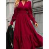 Autumn Fashion Style Fashion Commuter Ol Pure Color V-neck Waist-Controlled Slimming Temperament Long Sleeve Large Swing Dress Dress Dress