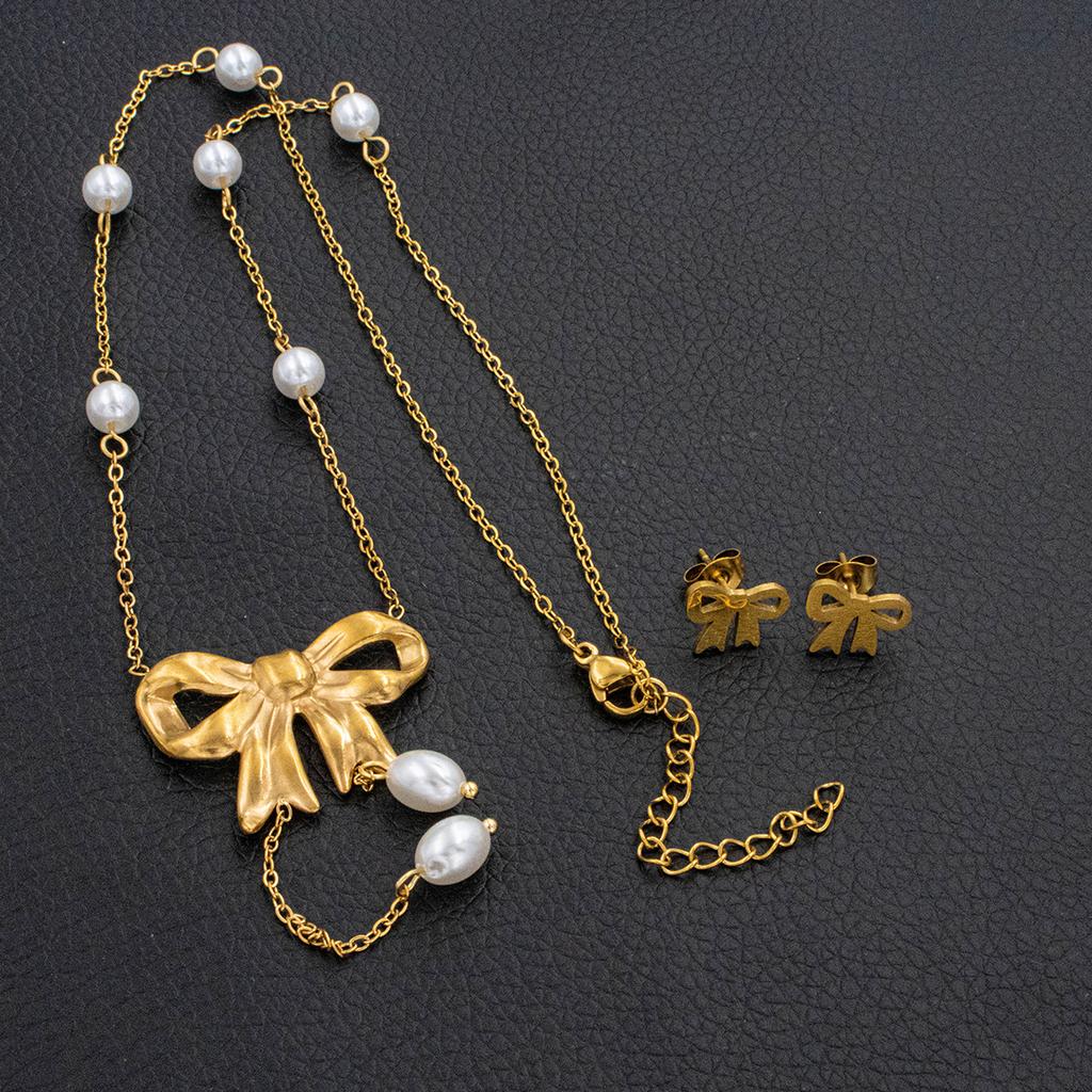 2025 New Gold Color Stainless Steel Jewelry Set Bow Tie with White Beads Necklace Earrings Luxury Boho Accessories for Women
