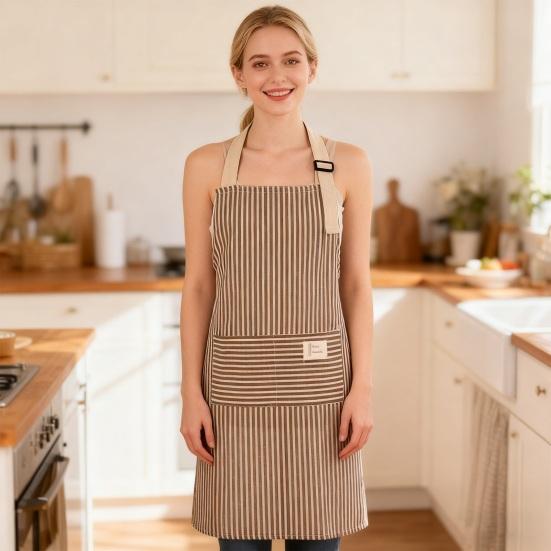 Stripete kjøkkenforkle i bomull og lin med lomme Pustende Vanntett Oljebestandig Justerbart Menn Kvinner Kokk Matlaging Baking Ermeløst Smekkeforkle