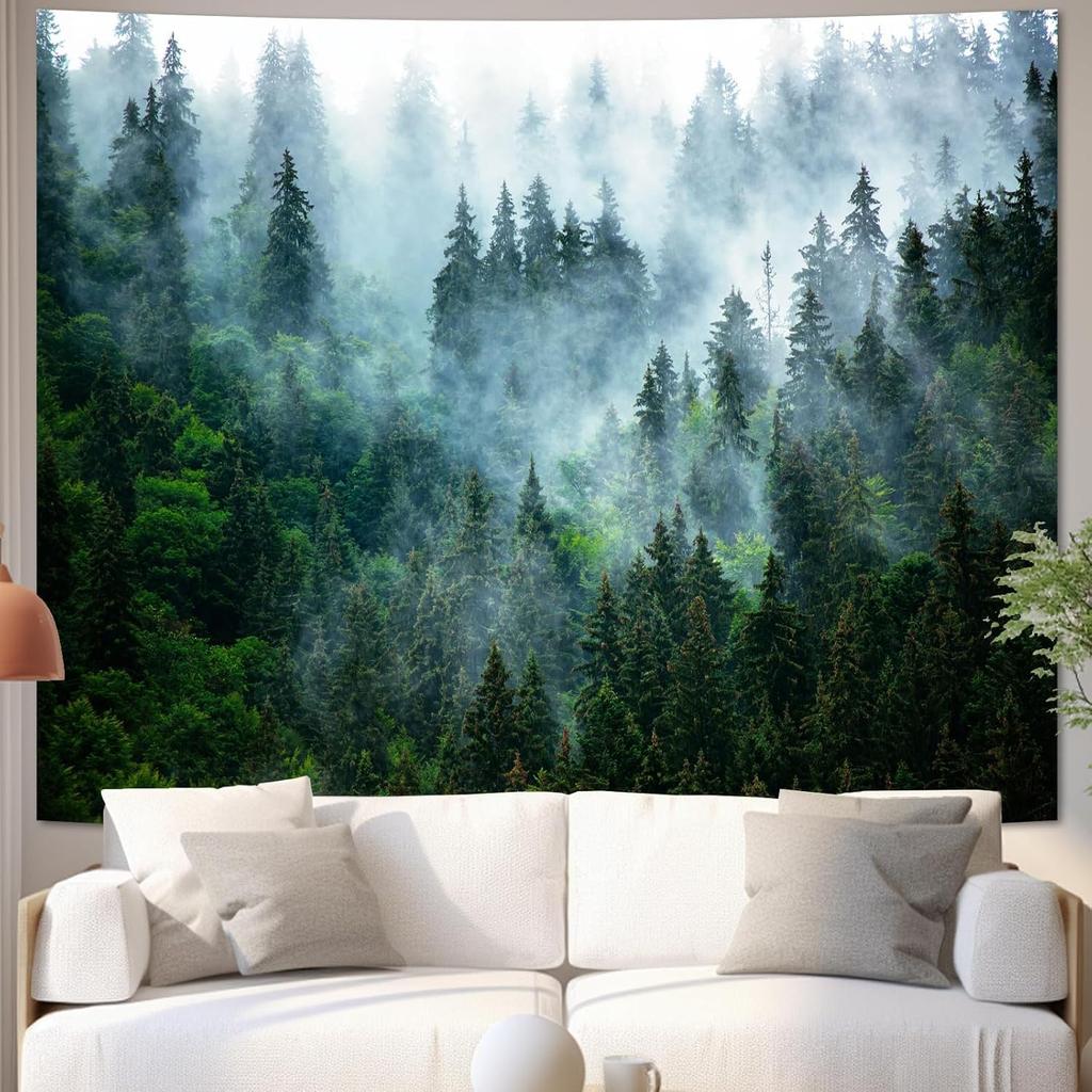 Atrippy Forest Nature Tapestry for Bedroom, Green Misty Foggy Mountain Sage Trees Wall Tapestry