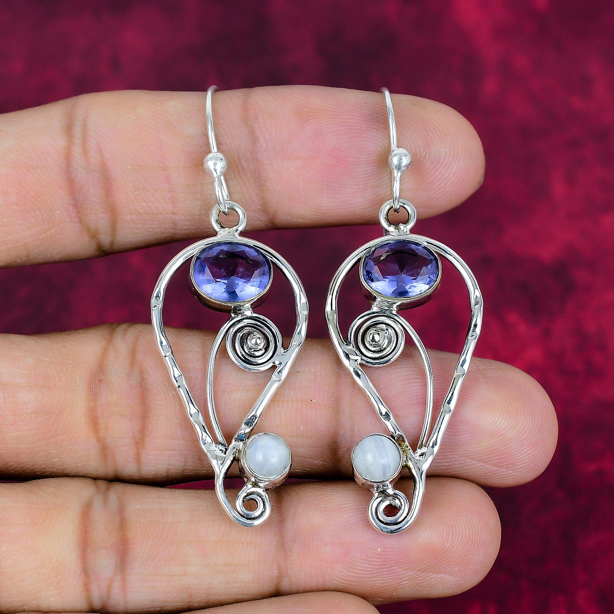 

Танзанит $ Лунный камень Серьги ручной работы с драгоценными камнями, Серьги из стерлингового серебра 925 пробы, Антикварные украшения, Серьги для подарка на помолвку 2.36 Inches