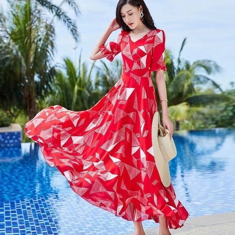 Women's Floral Print Maxi V-neck Short Sleeve High Waist Chiffon Casual Summer Dress