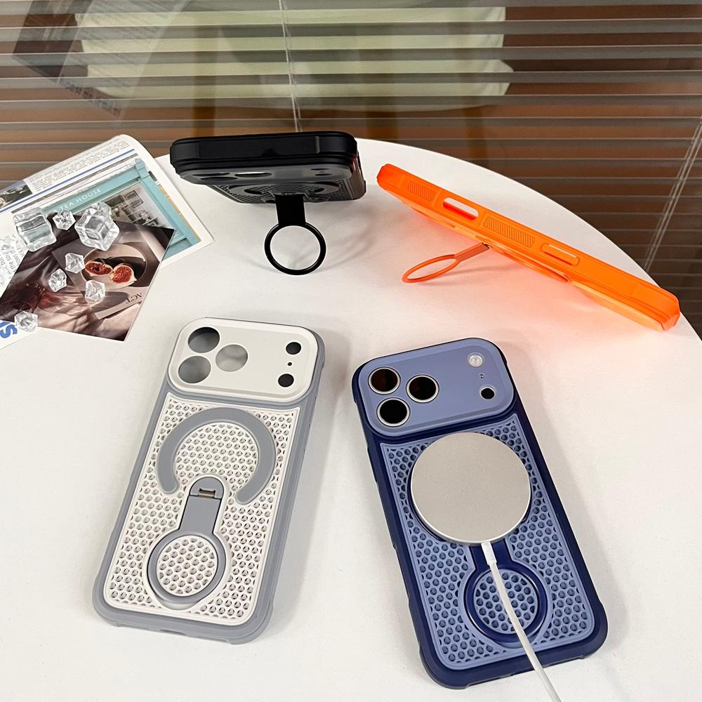 Luxury 360° Rotate Phone Case for iPhone 17 Air 16 15 14 Plus 13 12 11 Pro Max for Magsafe Mesh Heat Dissipation Stand Cover