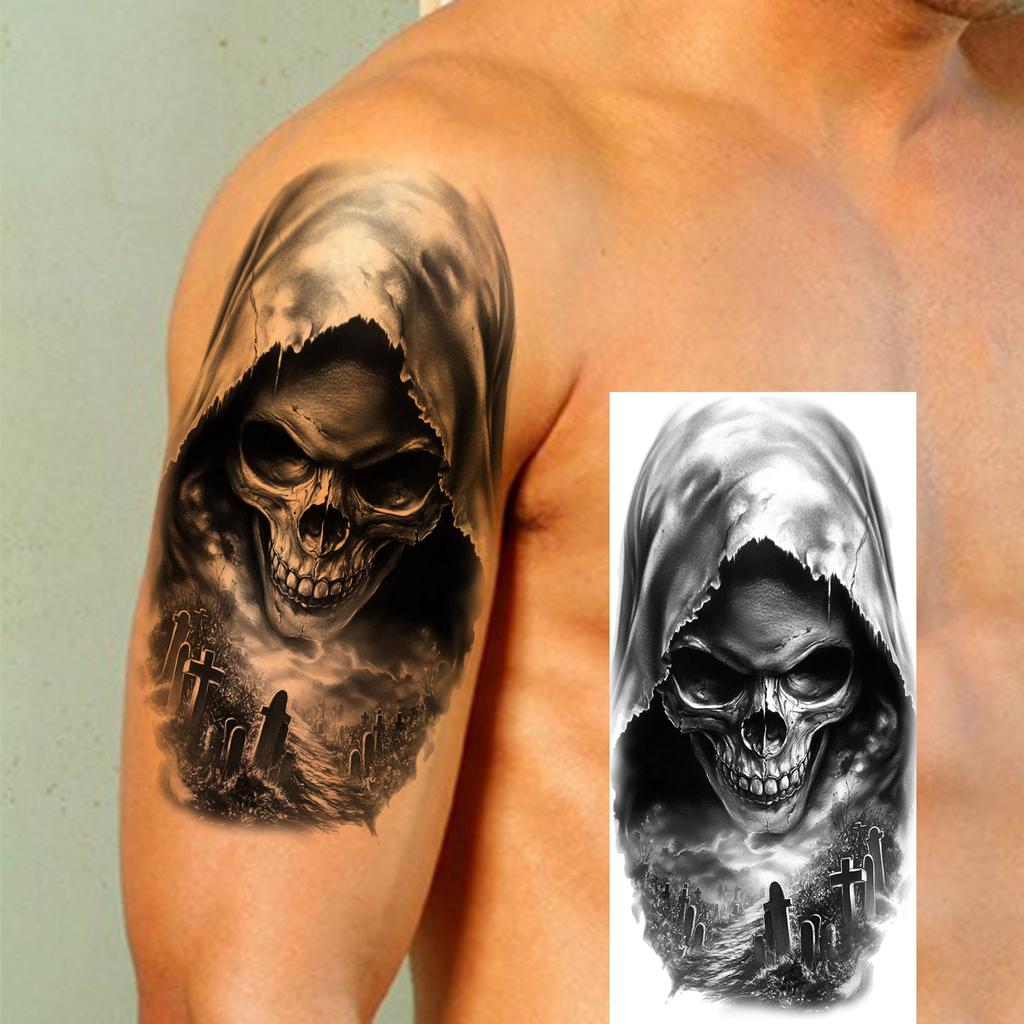 1 Blatt Gruseliger Sensenmann Totenkopf Temporäre Tattoos Halloween Tattoos Langlebig Wasserdicht Tiger Wolf Bestie Fake Tattoo Aufkleber