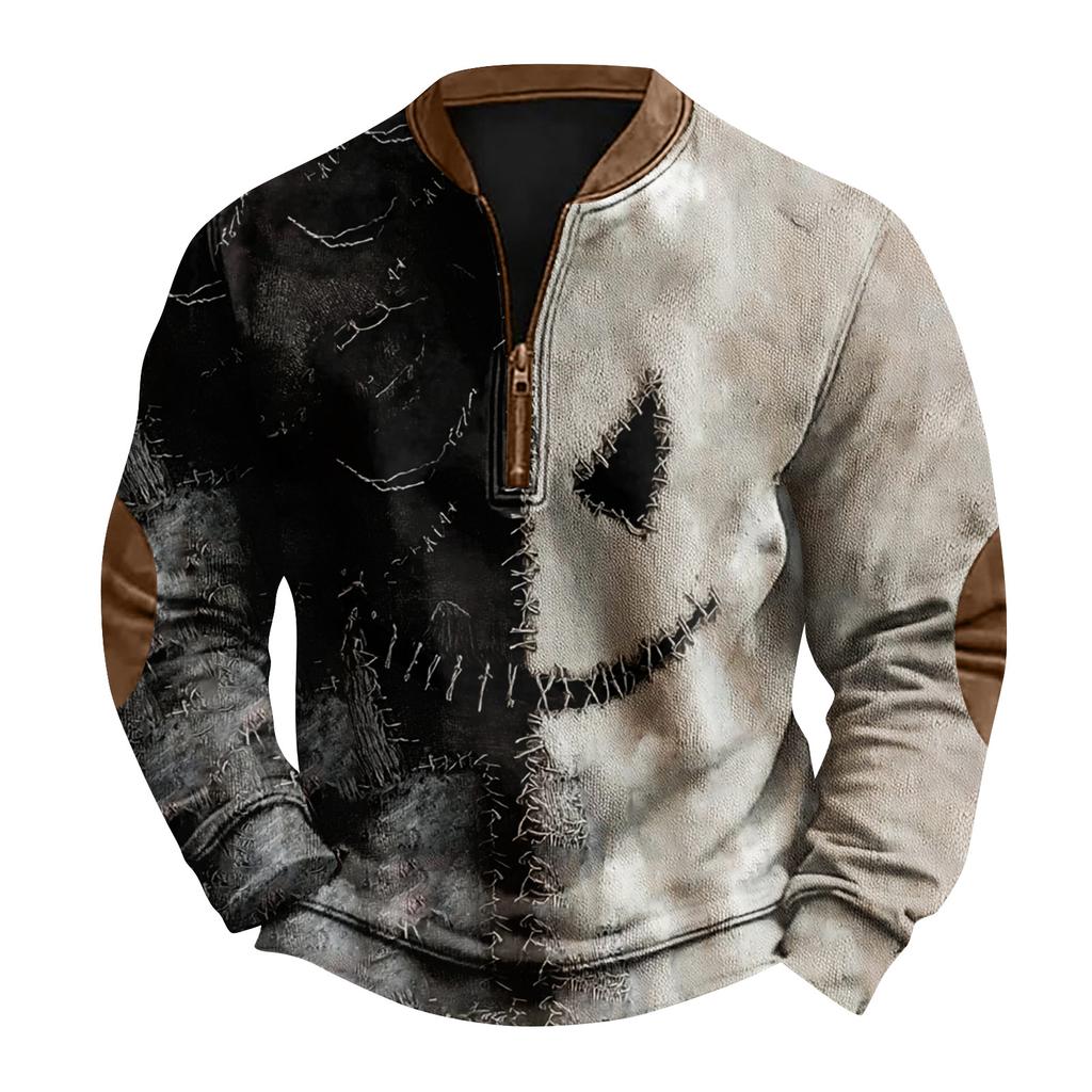 Men's Casual Fashion Christmas Printed Hoodless Sweatshirt Wide Men's Loose Button Stand Collar Hooded Sweatshirt