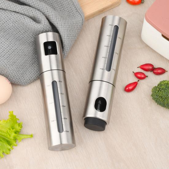 Kitchen Oil Spray Bottle Stainless Steel with Scale Mark, 100ml Press Type Atomized Precise Control Tool Dispenser for BBQ Baking, Rust Resistant Fine