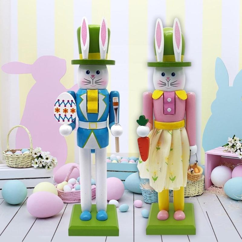 30.8cm Wooden Easters Bunnies Nutcrackers Figurine Ornament Rabbit Soldier Figure for Holiday Decoration Enthusiasts