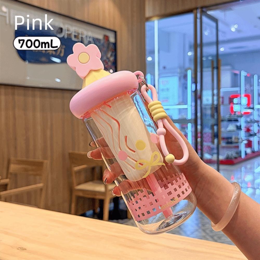 Cute 700ml Flower Tea Glasses Large Capacity Leak Proof Water Bottle with Straw Straw Cup for Girls