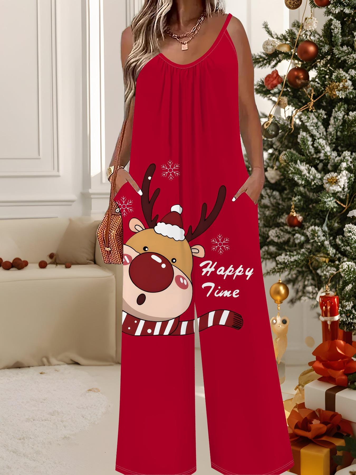 

Жіночий модний комбінезон, Одяг великих розмірів для повсякденного носіння, Дизайн з графічним різдвяним принтом, Для вечірок, Різдвяний одяг 6XL темно-червоний колір