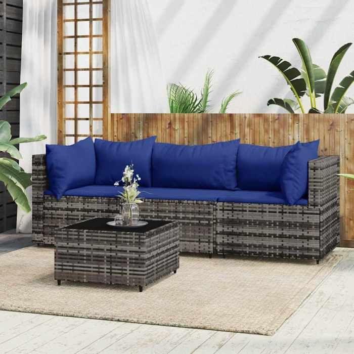 VidaXL Salon de jardin 4 pcs avec coussins Gris Résine tressée, ensemble de salon d'extérieur, ensemble de mobilier 319847
