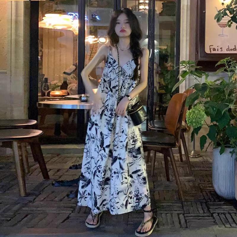 Ink printing v-neck suspender dress summer women's French niche loose lazy wind knee long floral dress