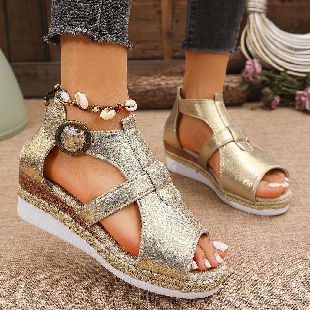 European and American Large-size Fish Mouth Wedge Sandals 2025 Summer New Fashionable Thick-soled Glossy Sandals Women's Buckle