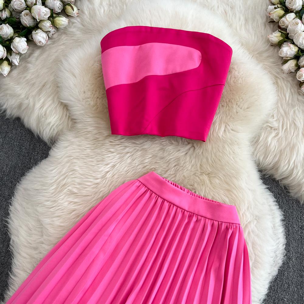 Fashion Suit Women's Strapless Tube Top Top Two-Piece High Waist Drape Irregular Pleated Skirt