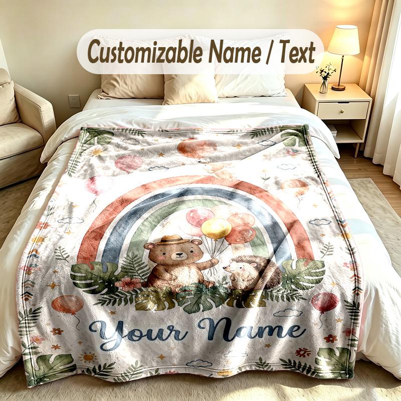 Bear Panda Theme Soft Blanket Personalized Custom Name Text Print Warm Blanket Home Sofa Bedroom Decor