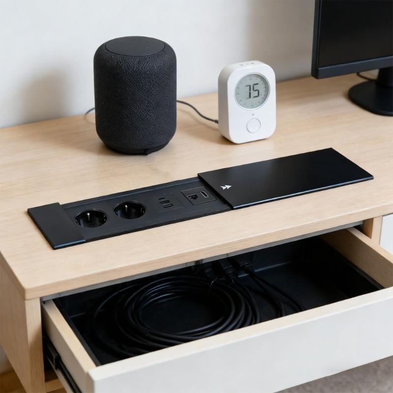 Slide Cover Single Pull Embedded Outlet 220V Standard Socket with 2 220V Ports and 2 USB Ports for Desk Installation