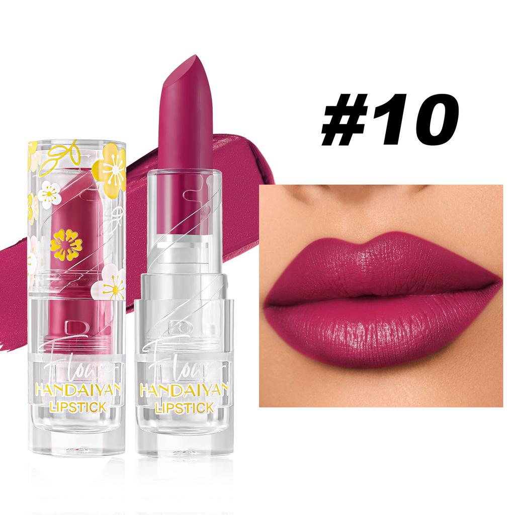 HANDAIYAN Velvet Matte Lipstick, Waterproof Long-Lasting Moisture Lip Makeup, Pigmented Smooth Nude Red Lipstick in Clear Floral Tube, Cosmetic