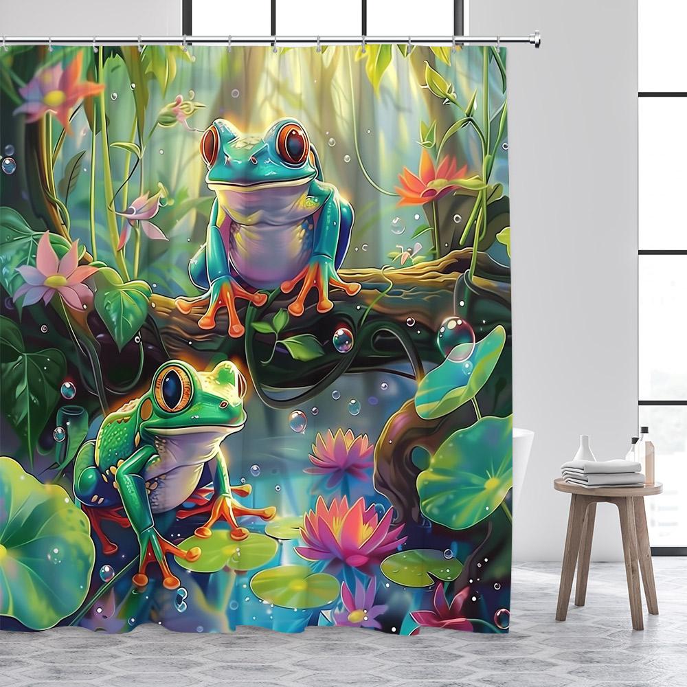 Tende da Doccia Rana Foresta Animali Divertenti Giungla Floreale Piante Verdi Paesaggi Rustici Tenda da Bagno Tessuto Poliestere Arredamento Bagno