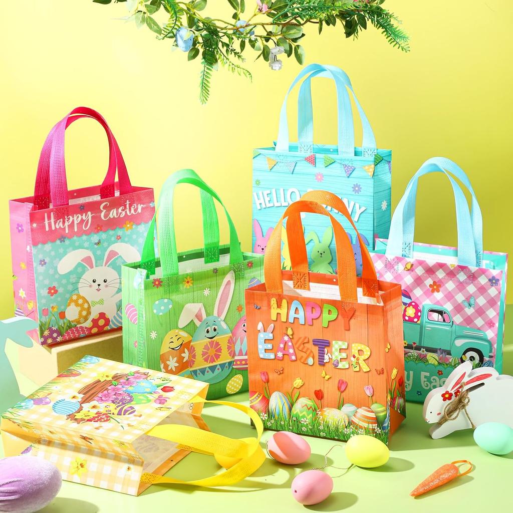 6 Pieces Easter Gift Bags Bulk Reusable Cute Easter Tote Bags with Handles Bunny Eggs Non Woven Holiday Goodie Basket