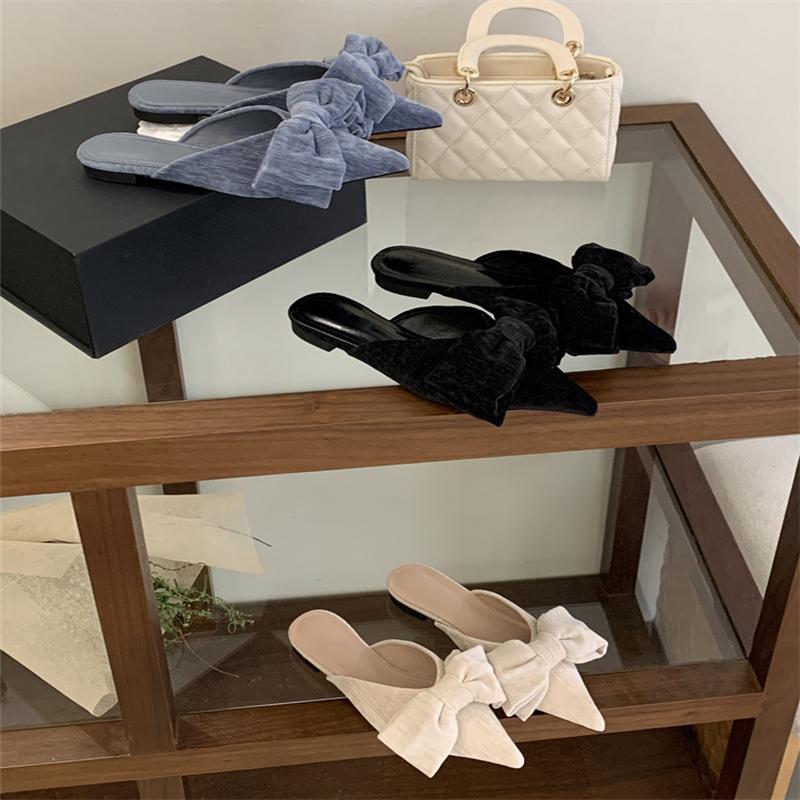 Pesstwei 2026 Frühling Herbst Elegante Designer Großer Schmetterlingsknoten Mules Damenschuhe Spitze Stripper Quadratischer Absatz Damenschuh