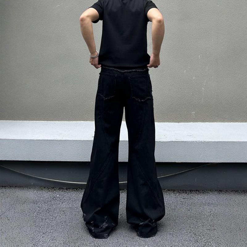 American High Street Heavy Duty Raw Edge Zip Flared Jeans Unisex Loose Straight Leg Denim Pants