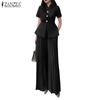 ZANZEA Women Short Sleeve Blouse and Wide Leg Pants Casual Two Piece Suit Set