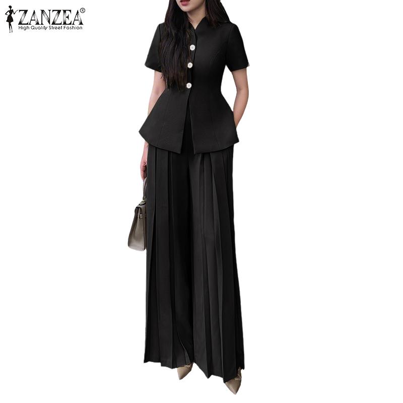 ZANZEA Women Short Sleeve Blouse and Wide Leg Pants Casual Two Piece Suit Set