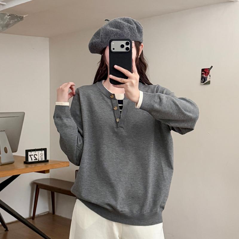 Women S Plus Size Striped Spliced Fake Two Piece Knit Sweater For Autumn