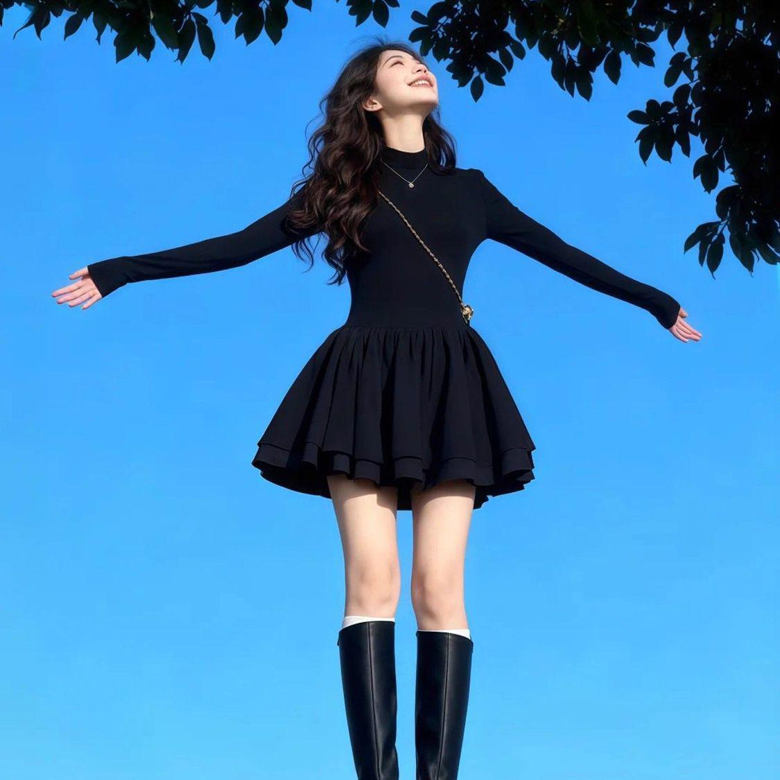 

French-Inspired Black Dress with Half-High Collar and Puffy Skirt for Autumn/Winter S (30-40 kg)