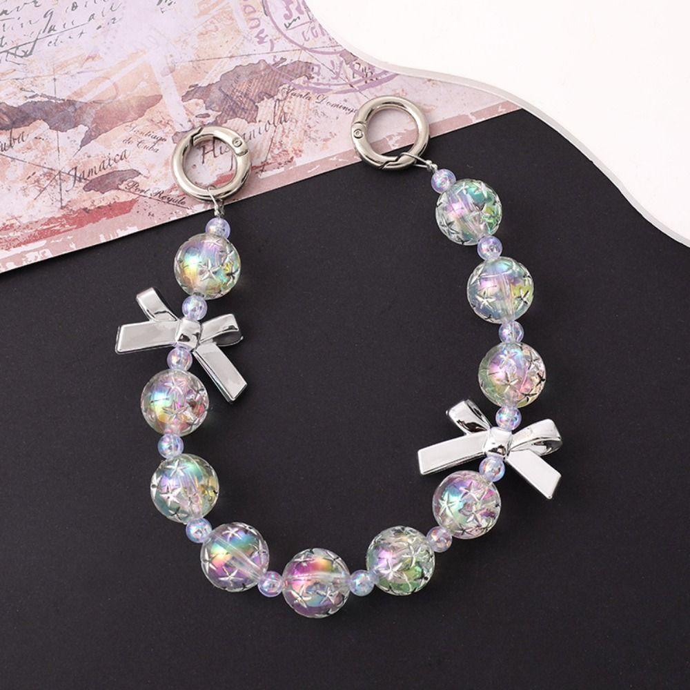Fashion Acrylic Starry Beaded Chain Keyring Gradient Colorful Bowknot Pendant Detachable Phone Lanyard Bag Accessories
