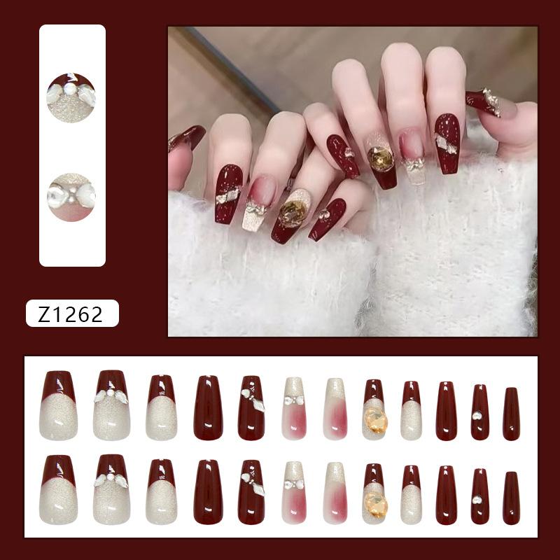 

Streamer cat s eye sparkles diamond French retro burgundy temperament European and American ins style removable nail art pieces 24 pieces