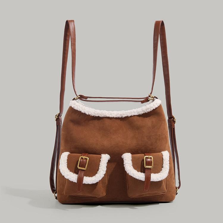 

Suede lamb wool plush backpack tote bag multi-functional three-purpose autumn and winter large-capacity single shoulder oblique span bag коричневый