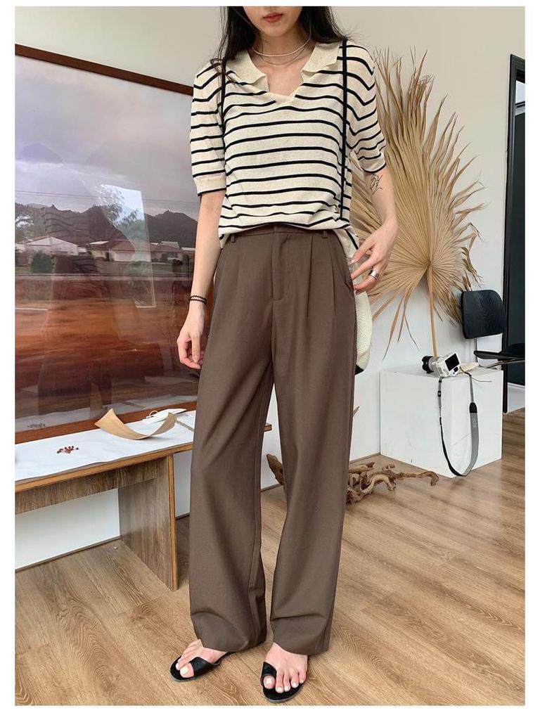 Women's Knitted Ice Silk Striped V-Neck Short Sleeve T-Shirt, Hong Kong Style, Summer 2025 Korean Fashion