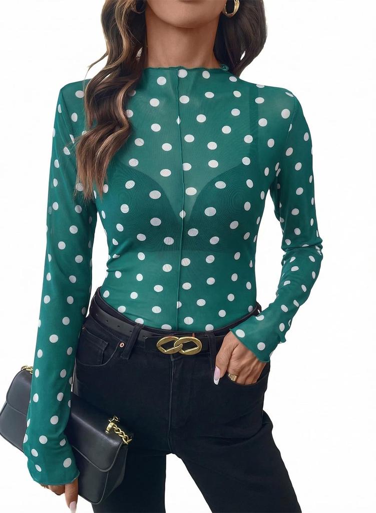 Women Sheer Polka Dot Mesh Half High Neck Long Sleeve Sexy T Shirt Top