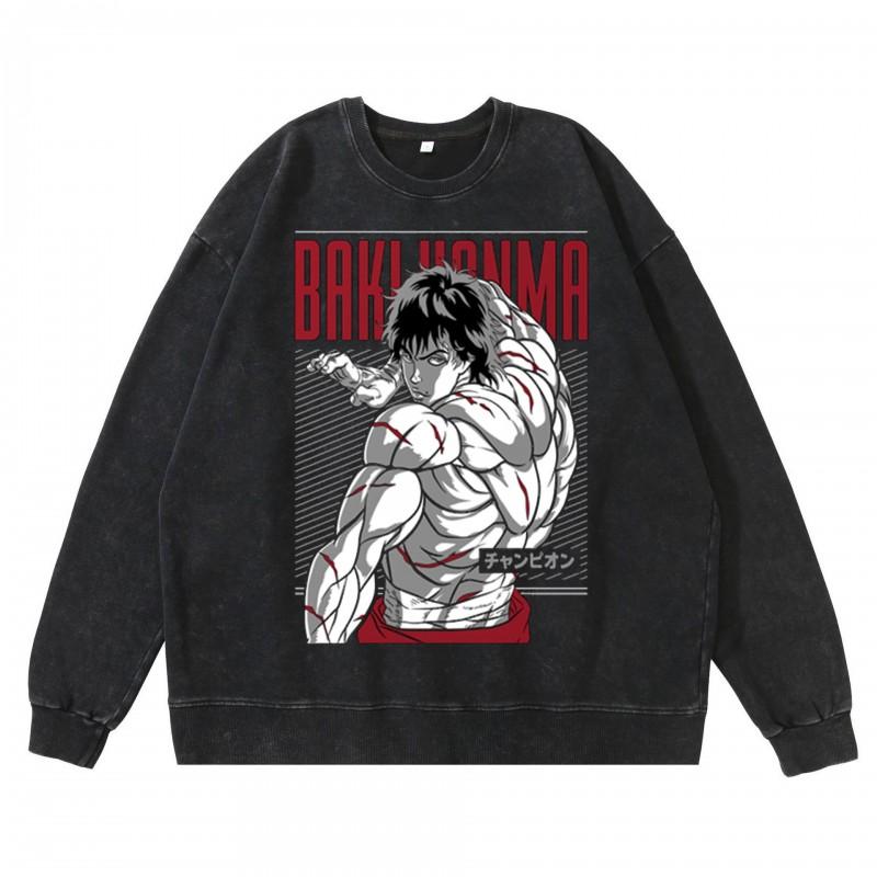 Heavyweight 360g Washed Vintage Baki Hanma Anime Graphic Hoodie-Free Cotton Sweatshirt Men